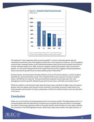 16
The statement “taxes negatively affect economic growth” is almost universally agreed upon by
mainstream economists, even if the degree to which this is true enjoys less consensus. A Tax Foundation
survey of peer-reviewed studies on the relationship between taxes and economic growth found that of
26 peer-reviewed studies since 1983, 23 found a negative relationship between taxes and economic
growth. It is also worth noting that the three studies that did not find a negative relationship between
taxes and economic growth found no measureable positive relationship.48
Christina Romer, formerly head of President Obama’s Council of Economic Advisors, and her husband
David Romer, have found similar results. Their study found that every 1 percent increase in taxation
lowers real GDP by 2 to 3 percent. They also found that corporate income taxes were the most
damaging to economic growth, followed by personal income taxes, and finally consumption taxes.49
While the academic and empirical results show that lower taxes contribute to higher rates of economic
growth, there are always some that will not be convinced. Fortunately, economic reality factors into
state tax policy and has led to 15 states cutting taxes in 2014 and is likely to lead to more tax reductions
in the future.
Conclusion
States are on the forefront of breaking down barriers to economic growth. The federal government is in
constant gridlock while the laboratories of democracy are actively pursuing real reforms. Increasingly,
tax reform is becoming a bipartisan effort in the states and the result has been 15 more states reducing
the tax burden in the 2014 legislative session. While these states have moved in the right direction, as
 