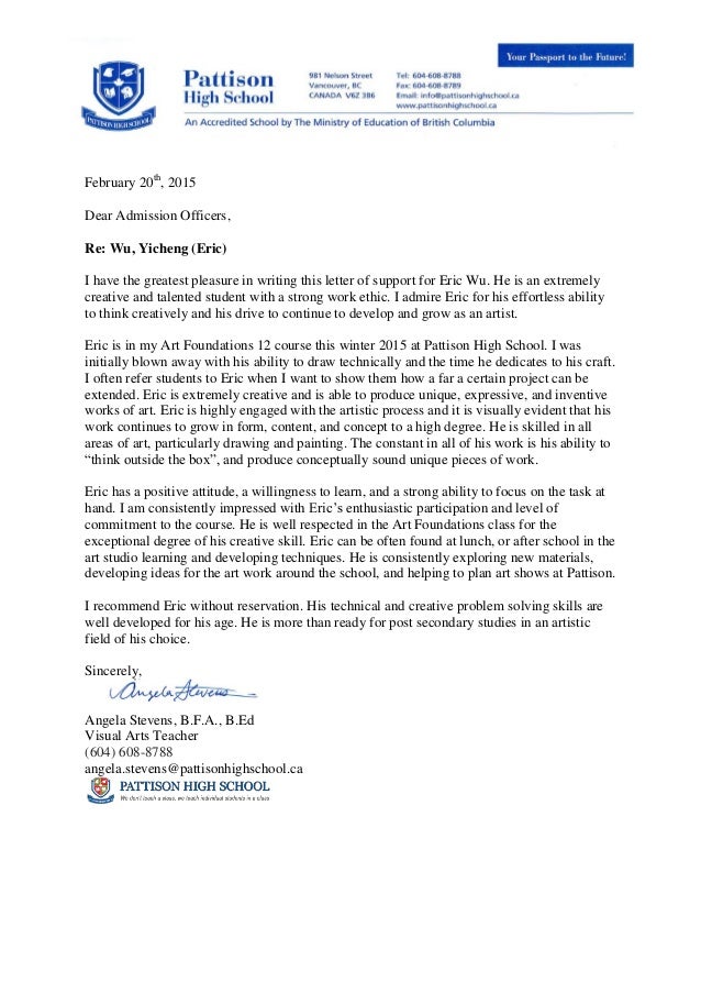 eric wu reference letter artistic letter of recommendation