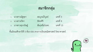 สมาชิกกลุ่ม
1. นางสาวณัฐชุดา สมบูรณ์วิบูลย์ เลขที่ 3
2. นางสาวธริดา พิทยศิริ เลขที่ 4
3. นางสาวศุภกนิษฐ์ สัมฤทธิ์มโนพร เลขที่ 15
ชั้นมัธยมศึกษาปีที่ 5 ห้อง 656 สายการเรียนคณิตศาสตร์-วิทยาศาสตร์
 
