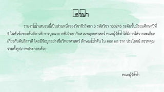 คานา
รายงานนาเสนอนนี้เป็นส่วนหนึ่งของวิชาชีววิทยา 3 รหัสวิชา ว30243 ระดับชั้นมัธยมศึกษาปีที่
5 ในหัวข้อของต้นลีลาวดี การบูรณาการชีววิทยากับสวนพฤกษศาสตร์ คณะผู้จัดทาได้มีการใส่รายละเอียด
เกี่ยวกับต้นลีลาวดี โดยมีข้อมูลอย่างชื่อวิทยาศาสตร์ ลักษณะลาต้น ใบ ดอก ผล ราก ประโยชน์ สรรพคุณ
รวมทั้งรูปภาพประกอบด้วย
คณะผู้จัดทา
 