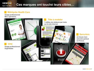 Ces marques ont touché leurs cibles…MölnlyckeHealth Care Usage professionnel Bloc opératoireTête à modeler 1 million de visiteurs par mois sur le site InternetSerruriers Je trouve mon serrurier partout en France.  CHU Usage professionnelUrgentistes