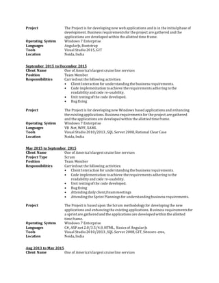 Project The Project is for developingnew web applications and is in the initial phase of
development. Businessrequirementsfor the project are gathered and the
applicationsare developed within the allotted time frame.
Operating System Windows 7 Enterprise
Languages AngularJs,Bootstrap
Tools Visual Studio2015, GIT
Location Noida, India
September 2015 to December 2015
Client Name One of America’slargest cruise line services
Position Team Member
Responsibilities Carried out the following activities:
• Client Interaction for understandingthe businessrequirements.
• Code implementation toachieve the requirementsadheringtothe
readabilityand code re-usability.
• Unit testingof the code developed.
• Bugfixing
Project The Project is for developingnew Windows based applicationsand enhancing
the existingapplications. Businessrequirementsfor the project are gathered
and the applicationsare developed within the allotted time frame.
Operating System Windows 7 Enterprise
Languages VB .Net, WPF, XAML
Tools Visual Studio2010/2013 , SQL Server 2008, Rational Clear Case
Location Noida, India
May 2015 to September 2015
Client Name One of America’slargest cruise line services
Project Type Scrum
Position Team Member
Responsibilities Carried out the following activities:
• Client Interaction for understandingthe businessrequirements.
• Code implementation toachieve the requirementsadheringtothe
readabilityand code re-usability.
• Unit testingof the code developed.
• Bugfixing
• Attendingdailyclient/team meetings
• Attendingthe Sprint Planningsfor understandingbusinessrequirements.
Project The Project is based upon the Scrum methodologyfor developingthe new
applicationsand enhancingthe existingapplications. Businessrequirementsfor
a sprint are gathered and the applicationsare developed within the allotted
time frame.
Operating System Windows 7 Enterprise
Languages C#, ASP.net 2.0/3.5/4.0, HTML, Basicsof Angular Js
Tools Visual Studio2010/2013 , SQL Server 2008, GIT, Sitecore-cms,
Location Noida, India
Aug 2013 to May 2015
Client Name One of America’slargest cruise line services
 