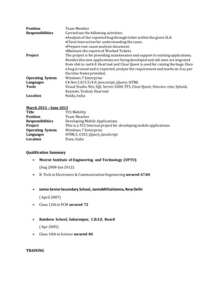 Position Team Member
Responsibilities Carried out the following activities:
•Analysisof the reported bugthrough ticket within the given SLA.
•Client Interaction for understandingthe cases.
•Prepare root cause analysis document.
•Maintain the reportsof Worked Tickets.
Project The project is for providing maintenance and support to existingapplications.
Besidesthisnew applicationsare beingdeveloped and old ones are migrated
from vb6 to .net4.0 .Heat tool and Clear Quest is used for raisingthe bugs. Once
a bugis raised and is reported, analyse the requirement and workson it as per
the time frame provided.
Operating System Windows 7 Enterprise
Languages C#.Net 2.0/3.5/4.0, Java script, jQuery, HTML
Tools Visual Studio.Net, SQL Server 2008, TFS, Clear Quest, Sitecore-cms, Splunk,
Keynote, Tealeaf, Heat tool
Location Noida, India
March 2013 – June 2013
Title TCS Mobility
Position Team Member
Responsibilities Developing Mobile Applications
Project This is a TCS Internal project for developingmobile applications.
Operating System Windows 7 Enterprise
Languages HTML5, CSS3, jQuery, JavaScript
Location Pune, India
Qualification Summary
• Meerut Institute of Engineering and Technology (UPTU)
(Aug 2008-Jun 2012)
• B. Tech in Electronics & Communication Engineering secured 67.84
• Jamia SeniorSecondary School, JamiaMilliaIslamia,NewDelhi
( April 2007)
• Class 12th in PCM secured 72
• Rainbow School, Saharanpur, C.B.S.E. Board
( Apr 2005)
• Class 10th in Science secured 84
TRAINING
 
