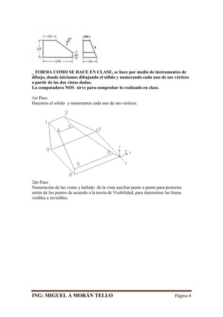 ING: MIGUEL A MORÁN TELLO Página 4
_ FORMA COMO SE HACE EN CLASE, se hace por medio de instrumentos de
dibujo, donde iniciamos dibujando el sólido y numerando cada uno de sus vértices
a partir de las dos vistas dadas.
La computadora NOS sirve para comprobar lo realizado en clase.
1er Paso
Hacemos el sólido y numeramos cada uno de sus vértices.
2do Paso
Numeración de las vistas y hallado de la vista auxiliar punto a punto para posterior
unión de los puntos de acuerdo a la teoría de Visibilidad, para determinar las líneas
visibles e invisibles.
 