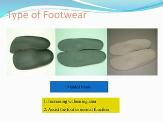 Type of Footwear
Molded Insole
1. Increasing wt.bearing area
2. Assist the foot in normal function
 
