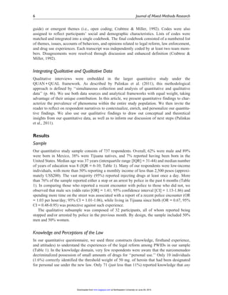 guide) or emergent themes (i.e., open coding; Crabtree & Miller, 1992). Codes were also
assigned to reflect participants’ social and demographic characteristics. Lists of codes were
matched and integrated into a single codebook. The final codebook consisted of a numbered list
of themes, issues, accounts of behaviors, and opinions related to legal reform, law enforcement,
and drug use experiences. Each transcript was independently coded by at least two team mem-
bers. Disagreements were resolved through discussion and enhanced definition (Crabtree &
Miller, 1992).
Integrating Qualitative and Qualitative Data
Qualitative interviews were embedded in the larger quantitative study under the
QUAN + QUAL framework. As described by Palinkas et al. (2011), this methodological
approach is defined by ‘‘simultaneous collection and analysis of quantitative and qualitative
data’’ (p. 46). We use both data sources and analytical frameworks with equal weight, taking
advantage of their unique contribution. In this article, we present quantitative findings to char-
acterize the prevalence of phenomena within the entire study population. We then invite the
reader to reflect on respondent narratives to contextualize, enrich, and personalize our quantita-
tive findings. We also use our qualitative findings to draw out conceptual and theoretical
insights from our quantitative data, as well as to inform our discussion of next steps (Palinkas
et al., 2011).
Results
Sample
Our quantitative study sample consists of 737 respondents. Overall, 62% were male and 89%
were born in Mexico, 38% were Tijuana natives, and 7% reported having been born in the
United States. Median age was 37 years (interquartile range [IQR] = 31-44) and median number
of years of education was 8 (IQR = 6-10; Table 1). Many of our respondents were low-income
individuals, with more than 50% reporting a monthly income of less than 2,500 pesos (approxi-
mately US$200). The vast majority (95%) reported injecting drugs at least once a day. More
than 76% of the sample reported either a stop or an arrest by police in the past 6 months (Table
1). In comparing those who reported a recent encounter with police to those who did not, we
observed that male sex (odds ratio [OR] = 1.41; 95% confidence interval [CI] = 1.13-1.86) and
spending more time on the street was associated with a report of a recent police encounter (OR
= 1.03 per hour/day; 95% CI = 1.01-1.06), while living in Tijuana since birth (OR = 0.67, 95%
CI = 0.48-0.95) was protective against such experience.
The qualitative subsample was composed of 32 participants, all of whom reported being
stopped and/or arrested by police in the previous month. By design, the sample included 50%
men and 50% women.
Knowledge and Perceptions of the Law
In our quantitative questionnaire, we used three constructs (knowledge, firsthand experience,
and attitudes) to understand the experiences of the legal reform among PWIDs in our sample
(Table 1). In the knowledge domain, very few respondents were aware that the narcomenudeo
decriminalized possession of small amounts of drugs for ‘‘personal use.’’ Only 10 individuals
(1.6%) correctly identified the threshold weight of 50 mg. of heroin that had been designated
for personal use under the new law. Only 71 (just less than 11%) reported knowledge that any
6 Journal of Mixed Methods Research
at Northeastern University on June 29, 2015mmr.sagepub.comDownloaded from
 