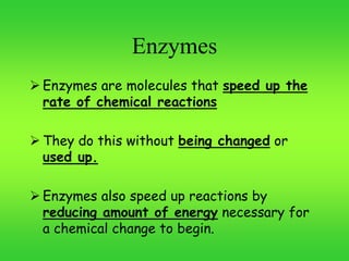 Enzymes
 Enzymes are molecules that speed up the
rate of chemical reactions
 They do this without being changed or
used up.
 Enzymes also speed up reactions by
reducing amount of energy necessary for
a chemical change to begin.
 