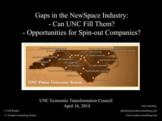 Gaps in the NewSpace Industry:
- Can UNC Fill Them?
- Opportunities for Spin-out Companies?
919-338-0936
© Jeff Krukin jakrukin@exodus-consulting.com
© Exodus Consulting Group www.exodus-consulting.com
UNC Economic Transformation Council
April 16, 2014
 