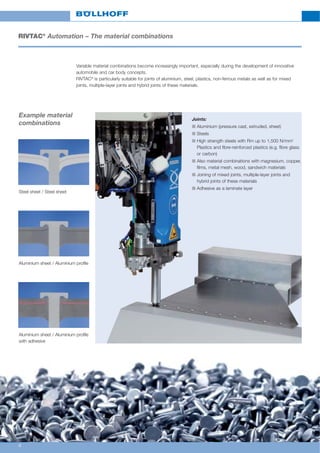 4
RIVTAC®
Automation – The material combinations
Variable material combinations become increasingly important, especially during the development of innovative
automobile and car body concepts.
RIVTAC®
is particularly suitable for joints of aluminium, steel, plastics, non-ferrous metals as well as for mixed
joints, multiple-layer joints and hybrid joints of these materials.
Example material
combinations
Steel sheet / Steel sheet
Aluminium sheet / Aluminium profile
Aluminium sheet / Aluminium profile
with adhesive
Joints:
n Aluminium (pressure cast, extruded, sheet)
n Steels
n High strength steels with Rm up to 1,500 N/mm2
Plastics and fibre-reinforced plastics (e.g. fibre glass
or carbon)
n Also material combinations with magnesium, copper,
films, metal mesh, wood, sandwich materials
n Joining of mixed joints, multiple-layer joints and
hybrid joints of these materials
n Adhesive as a laminate layer
 