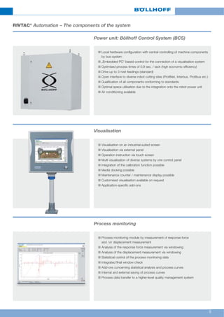 8
Power unit: Böllhoff Control System (BCS)
n Local hardware configuration with central controlling of machine components
by bus-system
n „Embedded PC“ based control for the connection of a visualisation system
n Optimised process times of 0.9 sec. / tack (high economic efficiency)
n Drive up to 3 rivet feedings (standard)
n Open interface to diverse robot cutting sites (ProfiNet, Interbus, Profibus etc.)
n Qualification of all components conforming to standards
n Optimal space utilisation due to the integration onto the robot power unit
n Air conditioning available
Visualisation
n Visualisation on an industrial-suited screen
n Visualisation via external panel
n Operation instruction via touch screen
n Multi visualisation of diverse systems by one control panel
n Integration of the calibration function possible
n Media docking possible
n Maintenance counter / maintenance display possible
n Customised visualisation available on request
n Application-specific add-ons
Process monitoring
n Process monitoring module by measurement of response force
and /or displacement measurement
n Analysis of the response force measurement via windowing
n Analysis of the displacement measurement via windowing
n Statistical control of the process monitoring data
n Integrated final window check
n Add-ons concerning statistical analysis and process curves
n Internal and external saving of process curves
n Process data transfer to a higher-level quality management system
RIVTAC®
Automation – The components of the system
 