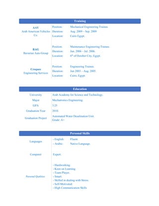 Training
AAV
Arab American Vehicles
Co.
Position: Mechanical Engineering Trainee.
Duration: Aug. 2009 – Sep. 2009
Location: Cairo Egypt.
BAG
Bavarian Auto Group
Position: Maintenance Engineering Trainee.
Duration: Jun. 2006 – Jul. 2006.
Location: 6th
of October City, Egypt.
Croquee
Engineering Services
Position: Engineering Trainee.
Duration: Jun 2003 – Aug. 2005.
Location: Cairo, Egypt.
Education
University Arab Academy for Science and Technology.
Major Mechatronics Engineering.
GPA 3.25
Graduation Year 2010.
Graduation Project
Automated Water Desalination Unit.
Grade: A+
Personal Skills
Languages
- English: Fluent.
- Arabic: Native Language.
Computer Expert.
Personal Qualities
- Hardworking.
- Keen on Learning.
- Team Player.
- Smart.
- Skilled in dealing with Stress.
- Self-Motivated.
- High Communication Skills
 