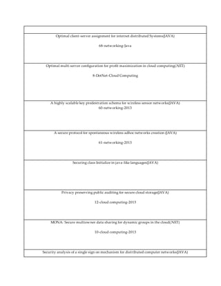 Optimal client-server assignment for internet distributed Systems(JAVA) 
68-networking-Java 
Optimal multi server configuration for profit maximization in cloud computing(.NET) 
8-DotNet-Cloud Computing 
A highly scalable key predestration schema for wireless sensor networks(JAVA) 
60-networking-2013 
A secure protocol for spontaneous wireless adhoc networks creation (JAVA) 
61-networking-2013 
Securing class Initialize in java-like languages(JAVA) 
Privacy preserving public auditing for secure cloud storage(JAVA) 
12-cloud computing-2013 
MONA: Secure multiowner data sharing for dynamic groups in the cloud(.NET) 
10-cloud computing-2013 
Security analysis of a single sign on mechanism for distributed computer networks(JAVA) 
 