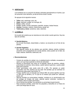 6. HORTALIZAS
Las hortalizas son un conjunto de plantas cultivadas generalmente en huertos, que
se consumen como alimento, ya sea de forma cruda o cocida.
Se agrupan de la siguiente manera:
•
•
•
•
•
•

Tallos: apio, espárrago, poro, etc.
Hojas: espinaca, acelga, col, lechuga, etc.
Flores: coliflor, brócoli.
Frutos: zapallo, tomate, berenjena, pepinillo, arvejas y habas frescas.
Hierbas: huacatay, culantro, hierba buena, perejil, etc.
Tubérculos y raíces: zanahoria, nabo, rabanitos.

7. LA SEMILLA
Es la parte de la planta que se reproduce en otra similar cuando germina. Hay dos
tipos de semillas:
 Semilla Botánica
Es el ovulo fecundado, desarrollado y maduro, se encuentra en el fruto de las
plantas.
 Semilla Vegetativa
Son algunas partes de las plantas que permiten obtener plantas similares
actuando como propagadores de nuevas plantas, estos pueden ser el tallo, las
hojas, estacas, estolones, tubérculos, etc.
• Recomendaciones
- Compra de semillas de calidad, de un establecimiento confiable, envasadas al
vacio y sin que haya superado su fecha de caducidad.
- Revisar la información que viene en el paquete: época de siembra, método,
profundidad de siembra, clima idóneo, cuánto tarda en germinar, cuando están
listas para cosechar.
- Poder germinativo, este oscila entre 65 y 80%. Por ejemplo un poder
germinativo del 70% significa que de cada 100 semillas que se siembran en
condiciones adecuadas, germinaran 70.
- Pureza, significa que un paquete que indique 99% de pureza significa que hay
un 99% que es semilla y un 1% que es un residuo que puede ser: cascaras,
piedra, etc.
- Algunas semillas se comercializan tratadas, consiste en un recubrimiento que
las protege de hongos del suelo, además aporta nutrientes, mantiene la
humedad y eleva el poder germinativo.
- Con el tiempo las semillas, van perdiendo su porcentaje de germinación.
- Para conservar semillas, cerrar bien los paquetes y colocarlos en un frasco de
vidrio que tenga tapa de rosca.
10

 