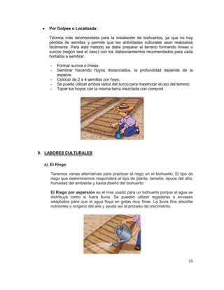 •

Por Golpes o Localizada:
Técnica más recomendada para la instalación de biohuertos, ya que no hay
pérdida de semillas y permite que las actividades culturales sean realizadas
fácilmente. Para éste método se debe preparar el terreno formando líneas o
surcos (según sea el caso) con los distanciamientos recomendados para cada
hortaliza a sembrar.
-

Formar surcos o líneas.
Sembrar haciendo hoyos distanciados, la profundidad depende de la
especie.
Colocar de 2 a 4 semillas por hoyo.
Se puede utilizar ambos lados del surco para maximizar el uso del terreno.
Tapar los hoyos con la misma tierra mezclada con compost.

9. LABORES CULTURALES
a). El Riego
Tenemos varias alternativas para practicar el riego en el biohuerto. El tipo de
riego que determinemos responderá al tipo de planta, tamaño, época del año,
humedad del ambiente y hasta diseño del biohuerto:
El Riego por aspersión es el más usado para un biohuerto porque el agua se
distribuye como si fuera lluvia. Se pueden utilizar regaderas o envases
adaptados para que el agua fluya en gotas muy finas. La lluvia fina absorbe
nutrientes y oxígeno del aire y ayuda así al proceso de crecimiento.

15

 