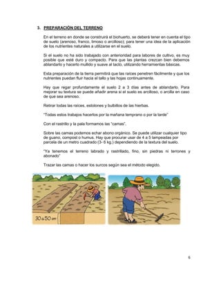 3. PREPARACIÓN DEL TERRENO
En el terreno en donde se construirá el biohuerto, se deberá tener en cuenta el tipo
de suelo (arenoso, franco, limoso o arcilloso); para tener una idea de la aplicación
de los nutrientes naturales a utilizarse en el suelo.
Si el suelo no ha sido trabajado con anterioridad para labores de cultivo, es muy
posible que esté duro y compacto. Para que las plantas crezcan bien debemos
ablandarlo y hacerlo mullido y suave al tacto, utilizando herramientas básicas.
Esta preparación de la tierra permitirá que las raíces penetren fácilmente y que los
nutrientes puedan fluir hacia el tallo y las hojas continuamente.
Hay que regar profundamente el suelo 2 a 3 días antes de ablandarlo. Para
mejorar su textura se puede añadir arena si el suelo es arcilloso, o arcilla en caso
de que sea arenoso.
Retirar todas las raíces, estolones y bulbillos de las hierbas.
“Todas estos trabajos hacerlos por la mañana temprano o por la tarde”
Con el rastrillo y la pala formamos las “camas”.
Sobre las camas podemos echar abono orgánico. Se puede utilizar cualquier tipo
de guano, compost o humus. Hay que procurar usar de 4 a 5 lampeadas por
parcela de un metro cuadrado (3- 6 kg.) dependiendo de la textura del suelo.
“Ya tenemos el terreno labrado y rastrillado, fino, sin piedras ni terrones y
abonado”
Trazar las camas o hacer los surcos según sea el método elegido.

6

 