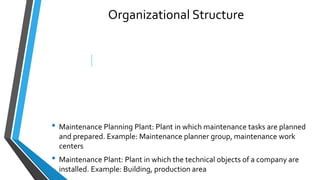 Organizational Structure
• Maintenance Planning Plant: Plant in which maintenance tasks are planned
and prepared. Example: Maintenance planner group, maintenance work
centers
• Maintenance Plant: Plant in which the technical objects of a company are
installed. Example: Building, production area
 