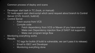 Common process of deploy and scans
- Developer start task in TC (hook, or manual)
- TC build-agent start client-script which send request about branch to Control
Server (CVS, brunch, build-id)
- Control Server
- Fetch source from VCS
- Compile code
- Fetch dependency from VCS or Maven (if you have sources)
- Make own Dependency injection flow (if SAST not support it)
- Make own program langs flow
- Monitoring everything works
- Results
- TC tags for builds (if build is vulnerable, we can’t pass it to release)
- Email to ISEC and Developer
- Monitoring everything done
 