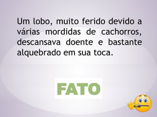 Um lobo, muito ferido devido a
várias mordidas de cachorros,
descansava doente e bastante
alquebrado em sua toca.
FATO
 