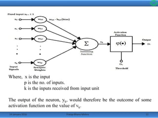 14 January 2016 11Pratap Bhanu Mishra
• If there is a change in conditions, it can learn the change overtime, and
adjust itself for a more accurate prediction[6].
•So, it resembles the human brain in two respects:
Knowledge is acquired by the network from its environment through a learning
process.
Interneuron connection strengths, also known as synaptic weights, are used to
store the acquired knowledge.
•Mathematically, this process is described in the following figure:
Contd…
Where, x is the input
p is the no. of inputs.
k is the inputs received from input unit
The output of the neuron, yk, would therefore be the outcome of some
activation function on the value of vk.
 