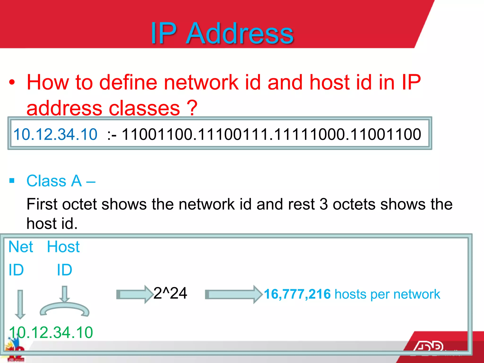 India
IP Address
• How to define network id and host id in IP
address classes ?
10.12.34.10 :- 11001100.11100111.11111000.11001100
 Class A –
First octet shows the network id and rest 3 octets shows the
host id.
Net Host
ID ID
2^24 16,777,216 hosts per network
10.12.34.10
 