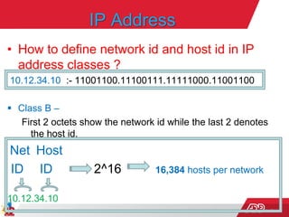 India
IP Address
• How to define network id and host id in IP
address classes ?
10.12.34.10 :- 11001100.11100111.11111000.11001100
 Class B –
First 2 octets show the network id while the last 2 denotes
the host id.
Net Host
ID ID 2^16 16,384 hosts per network
10.12.34.10
 