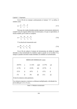 Capítulo 7 – Engranajes
100
Con el fin de no manejar continuamente el número " π " se define el
módulo como:
m =
π
p
=
z
r2
=
z
d
(7-7)
Para que dos ruedas dentadas puedan engranar correctamente además de
cumplir la ley de engrane deben tener el mismo paso, o lo que es equivalente, el
mismo módulo, por lo tanto se cumplirá:
m =
2
2
1
1
2
2
1
1
z
d
z
d
z
r2
z
r2
=== (7-8)
Y la relación de transmisión será:
2
1
2
1
2
1
1
2
d
d
z
z
r
r
===
ω
ω
=µ (7-9)
Con el fin de reducir el número de herramientas de tallado de ruedas
dentadas se han normalizado los módulos según se puede ver en la tabla (7-1),
aunque se pueden encontrar ruedas dentadas con módulos no normalizados.
MÓDULOS NORMALES (mm)
(0.875) 1 (1.125) 1.25 (1.375) 1.5
(1.75) 2 (2.25) 2.5 (2.75) 3
(3.5) 4 (4.5) 5 (5.5) 6
(7) 8 (9) 10 (11) 12
Evitar los números entre paréntesis.
Los números mayores o menores se obtienen multiplicando o dividiendo los
de la tabla por 2, 4, 8, 16, etc...
Tabla 7-1 Módulos normalizados
 