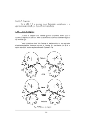Capítulo 7 – Engranajes
102
En la tabla 7-2 se exponen pasos diametrales normalizados y su
equivalencia aproximada con el módulo correspondiente.
7.3.4 - Línea de engrane
La línea de engrane está formada por los diferentes puntos que va
ocupando el punto de contacto entre los dientes de dos ruedas dentadas respecto
del eslabón fijo.
Como cada diente tiene dos flancos de posible contacto, un engranaje
tendrá dos posibles líneas de engrane en función del sentido de giro y de la
rueda que sea la motora según se ve en la figura (7-17).
Fig. 7-17 Líneas de engrane
 