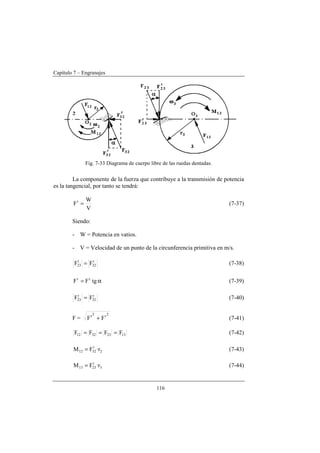 Capítulo 7 – Engranajes
116
Fig. 7-33 Diagrama de cuerpo libre de las ruedas dentadas.
La componente de la fuerza que contribuye a la transmisión de potencia
es la tangencial, por tanto se tendrá:
V
W
Ft
= (7-37)
Siendo:
- W = Potencia en vatios.
- V = Velocidad de un punto de la circunferencia primitiva en m/s.
t
32
t
23 FF = (7-38)
α= tgFF tr
(7-39)
r
32
r
23 FF = (7-40)
F =
2r2t
FF + (7-41)
13233212 FFFF === (7-42)
2
t
3212 r·FM = (7-43)
3
t
2313 r·FM = (7-44)
 