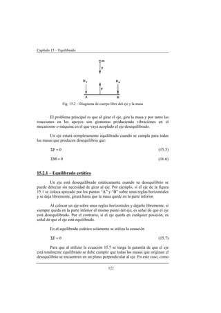 Capítulo 15 – Equilibrado
122
Fig. 15.2 – Diagrama de cuerpo libre del eje y la masa
El problema principal es que al girar el eje, gira la masa y por tanto las
reacciones en los apoyos son giratorias produciendo vibraciones en el
mecanismo o máquina en el que vaya acoplado el eje desequilibrado.
Un eje estará completamente equilibrado cuando se cumpla para todas
las masas que producen desequilibrio que:
0F =Σ (15.5)
0M =Σ (16.6)
15.2.1 – Equilibrado estático
Un eje está desequilibrado estáticamente cuando su desequilibrio se
puede detectar sin necesidad de girar al eje. Por ejemplo, si el eje de la figura
15.1 se coloca apoyado por los puntos “A” y “B” sobre unas reglas horizontales
y se deja libremente, girará hasta que la masa quede en la parte inferior.
Al colocar un eje sobre unas reglas horizontales y dejarlo libremente, si
siempre queda en la parte inferior el mismo punto del eje, es señal de que el eje
está desequilibrado. Por el contrario, si el eje queda en cualquier posición, es
señal de que el eje está equilibrado.
En el equilibrado estático solamente se utiliza la ecuación
0F =Σ (15.7)
Para que al utilizar la ecuación 15.7 se tenga la garantía de que el eje
está totalmente equilibrado se debe cumplir que todas las masas que originan el
desequilibrio se encuentren en un plano perpendicular al eje. En este caso, como
 