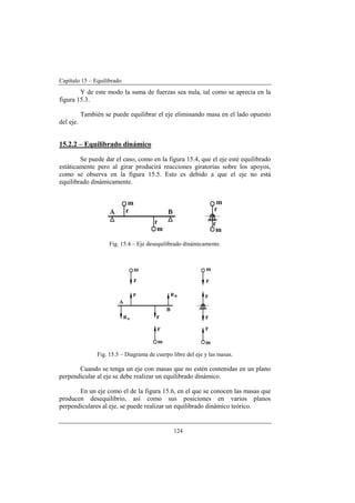 Capítulo 15 – Equilibrado
124
Y de este modo la suma de fuerzas sea nula, tal como se aprecia en la
figura 15.3.
También se puede equilibrar el eje eliminando masa en el lado opuesto
del eje.
15.2.2 – Equilibrado dinámico
Se puede dar el caso, como en la figura 15.4, que el eje esté equilibrado
estáticamente pero al girar producirá reacciones giratorias sobre los apoyos,
como se observa en la figura 15.5. Esto es debido a que el eje no está
equilibrado dinámicamente.
Fig. 15.4 – Eje desequilibrado dinámicamente.
Fig. 15.5 – Diagrama de cuerpo libre del eje y las masas.
Cuando se tenga un eje con masas que no estén contenidas en un plano
perpendicular al eje se debe realizar un equilibrado dinámico.
En un eje como el de la figura 15.6, en el que se conocen las masas que
producen desequilibrio, así como sus posiciones en varios planos
perpendiculares al eje, se puede realizar un equilibrado dinámico teórico.
 