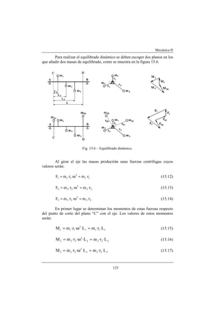 Mecánica II
125
Para realizar el equilibrado dinámico se deben escoger dos planos en los
que añadir dos masas de equilibrado, como se muestra en la figura 15.6.
Fig. 15.6 – Equilibrado dinámico.
Al girar el eje las masas producirán unas fuerzas centrífugas cuyos
valores serán:
11
2
111 r·m·r·mF ≈ω= (15.12)
22
2
222 r·m·r·mF ≈ω= (15.13)
33
2
333 r·m·r·mF ≈ω= (15.14)
En primer lugar se determinan los momentos de estas fuerzas respecto
del punto de corte del plano “C” con el eje. Los valores de estos momentos
serán:
1111
2
111 L·r·mL··r·mM ≈ω= (15.15)
2222
2
222 L·r·mL··r·mM ≈ω= (15.16)
3333
2
333 L·r·mL··r·mM ≈ω= (15.17)
 