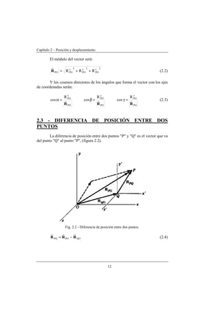 Capítulo 2 – Posición y desplazamiento
12
El módulo del vector será:
2z
PO
2y
PO
2x
POPO RRR ++=R
r
(2.2)
Y los cosenos directores de los ángulos que forma el vector con los ejes
de coordenadas serán:
PO
x
POR
cos
R
r=α
PO
y
POR
cos
R
r=β
PO
z
POR
cos
R
r=γ (2.3)
2.3 - DIFERENCIA DE POSICIÓN ENTRE DOS
PUNTOS
La diferencia de posición entre dos puntos "P" y "Q" es el vector que va
del punto "Q" al punto "P", (figura 2.2).
Fig. 2.2 - Diferencia de posición entre dos puntos.
QOPOPQ RRR
rrr
−= (2.4)
 
