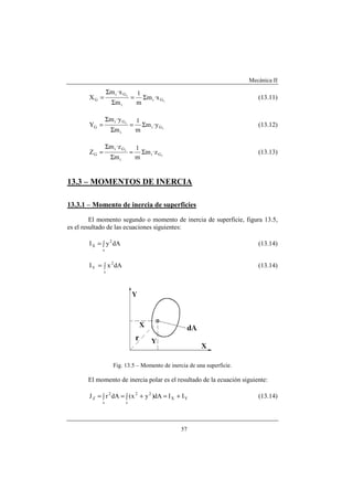 Mecánica II
57
i
i
Gi
i
Gi
G x·m
m
1
m
x·m
X Σ=
Σ
Σ
= (13.11)
i
i
Gi
i
Gi
G y·m
m
1
m
y·m
Y Σ=
Σ
Σ
= (13.12)
i
i
Gi
i
Gi
G z·m
m
1
m
z·m
Z Σ=
Σ
Σ
= (13.13)
13.3 – MOMENTOS DE INERCIA
13.3.1 – Momento de inercia de superficies
El momento segundo o momento de inercia de superficie, figura 13.5,
es el resultado de las ecuaciones siguientes:
dAyI
s
2
X ∫= (13.14)
dAxI
s
2
Y ∫= (13.14)
Fig. 13.5 – Momento de inercia de una superficie.
El momento de inercia polar es el resultado de la ecuación siguiente:
YX
s
22
s
2
Z IIdA)yx(dArJ +=∫ +=∫= (13.14)
 