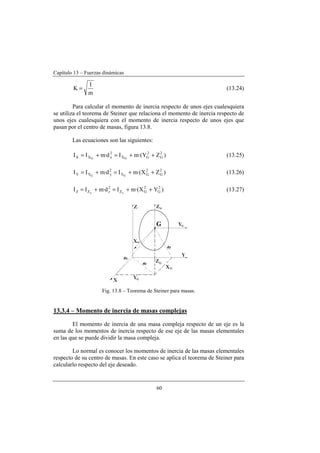 Capítulo 13 – Fuerzas dinámicas
60
m
I
K = (13.24)
Para calcular el momento de inercia respecto de unos ejes cualesquiera
se utiliza el teorema de Steiner que relaciona el momento de inercia respecto de
unos ejes cualesquiera con el momento de inercia respecto de unos ejes que
pasan por el centro de masas, figura 13.8.
Las ecuaciones son las siguientes:
)ZY·(mId·mII 2
G
2
GX
2
xXX GG
++=+= (13.25)
)ZX·(mId·mII 2
G
2
GY
2
yYY GG
++=+= (13.26)
)YX·(mId·mII 2
G
2
GZ
2
zZZ GG
++=+= (13.27)
Fig. 13.8 – Teorema de Steiner para masas.
13.3.4 – Momento de inercia de masas complejas
El momento de inercia de una masa compleja respecto de un eje es la
suma de los momentos de inercia respecto de ese eje de las masas elementales
en las que se puede dividir la masa compleja.
Lo normal es conocer los momentos de inercia de las masas elementales
respecto de su centro de masas. En este caso se aplica el teorema de Steiner para
calcularlo respecto del eje deseado.
 