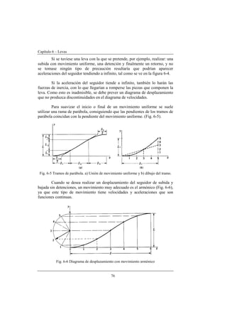 Capítulo 6 – Levas
76
Si se tuviese una leva con la que se pretende, por ejemplo, realizar: una
subida con movimiento uniforme, una detención y finalmente un retorno, y no
se tomase ningún tipo de precaución resultaría que podrían aparecer
aceleraciones del seguidor tendiendo a infinito, tal como se ve en la figura 6-4.
Si la aceleración del seguidor tiende a infinito, también lo harán las
fuerzas de inercia, con lo que llegarían a romperse las piezas que componen la
leva. Como esto es inadmisible, se debe prever un diagrama de desplazamiento
que no produzca discontinuidades en el diagrama de velocidades.
Para suavizar el inicio o final de un movimiento uniforme se suele
utilizar una rama de parábola, consiguiendo que las pendientes de los tramos de
parábola coincidan con la pendiente del movimiento uniforme. (Fig. 6-5).
Fig. 6-5 Tramos de parábola. a) Unión de movimiento uniforme y b) dibujo del tramo.
Cuando se desea realizar un desplazamiento del seguidor de subida y
bajada sin detenciones, un movimiento muy adecuado es el armónico (Fig. 6-6),
ya que este tipo de movimiento tiene velocidades y aceleraciones que son
funciones continuas.
Fig. 6-6 Diagrama de desplazamiento con movimiento armónico
 