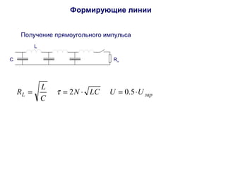 Формирующие линии 
Получение прямоугольного импульса 
C 
L 
Rн 
R = L t = 2 × = 0.5× 
L N LC U Uзар 
C 
 