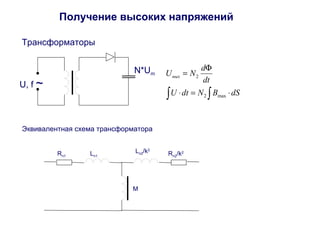 Получение высоких напряжений 
Трансформаторы 
U, f ~ 
N*Um 
U N d вых 
= F 
dt 
ò × = ò × 
U dt N B dS 
2 max 
2 
Эквивалентная схема трансформатора 
Rп1 Lп1 
Rп2L /k2 п2/k2 
M 
 