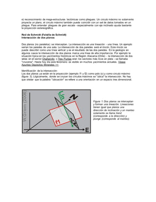 e) reconocimiento de mega-estructuras tectónicas como pliegues: Un circulo máximo no solamente
proyecta un plano, el circulo máximo también puede coincidir con un set de datos tomados en un
pliegue. Para entender pliegues de gran escala - especialmente con eje inclinado ayuda bastante
la proyección estereográfica.
Red de Schmidt (Falsilla de Schmidt)
Intersección de dos planos
Dos planos (no paralelos) se interceptan. La intersección es una lineación - una línea. Un ejemplo
serían los paredes de una sala. La intersección de dos paredes será el rincón. Este rincón se
puede describir como una línea vertical y es el resultado de las dos paredes. En la geología en
algunos casos la intersección de dos planos marca una línea de alta importancia. Por ejemplo la
situación típica en los yacimientos históricos en la Región Atacama (Chile) - la intersección de dos
vetas en el sector Chañarcillo o Tres Puntas eran los sectores más ricos en plata - se llamaba
"cruceros". Hasta hoy día este fenómeno es visible en muchos yacimientos actuales. Véase
Apuntes Depósitos Minerales >>.
Identificación de la intersección:
Los dos planos ya están en la proyección (ejemplo f1 y f2) como polo (x) y como circulo máximo
(figura 3). Lógicamente, donde se cruzan los círculos máximos se "ubica" la intersección. No hay
que olvidar que la palabra "ubicación" se refiere a una orientación en un espacio tres dimensional.
Figura 1: Dos planos se interceptan
y forman una lineación. Lineaciones
tienen igual que planos una
dirección de inclinación y un manteo
solamente se llama trend
(corresponde a la dirección) y
plunge (corresponde al manteo).
 