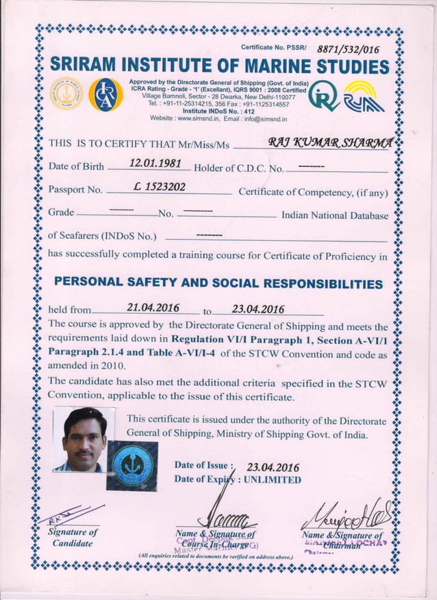 Offshore Safety Course STCW 2010 Certificate PDF