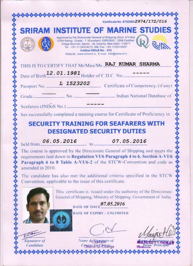 Offshore Safety Course STCW 2010 Certificate PDF