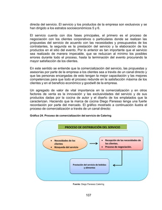 107
directa del servicio. El servicio y los productos de la empresa son exclusivos y se
han dirigido a los estratos socioeconómicos 5 y 6.
El servicio cuenta con dos fases principales, el primero es el proceso de
negociación con los clientes corporativos o particulares donde se realizan las
propuestas del servicio de acuerdo con las necesidades y presupuestos de los
contratantes, la segunda es la prestación del servicio y la elaboración de los
productos en el sitio del evento. Por lo anterior es tan importante que el servicio
sea realizado de manera impecable, que se reduzcan al mínimo los posibles
errores durante todo el proceso, hasta la terminación del evento procurando la
mayor satisfacción de los clientes.
En este sentido se entiende que la comercialización del servicio, las propuestas y
asesorías por parte de la empresa a los clientes sea a través de un canal directo y
que las personas encargadas de esto tengan la mejor capacitación y las mejores
competencias para que todo el proceso redunde en la satisfacción máxima de los
clientes y en el beneficio económico y goodwill de la empresa.
Un agregado de valor de vital importancia en la comercialización y en otros
factores de venta es la innovación y las exclusividades del servicio y de sus
productos dadas por la cocina de autor y el diseño de los emplatados que la
caracterizan. Haciendo que la marca de cocina Diego Panesso tenga una fuerte
recordación por parte del mercado. El gráfico mostrado a continuación ilustra el
proceso de comercialización a través de un canal directo:
Gráfico 24. Proceso de comercialización del servicio de Catering
Fuente: Diego Panesso Catering
PROCESO DE DISTRIBUCIÓN DEL SERVICIO
 Necesidades de los
clientes
 Búsqueda del servicio
 Recepción de las necesidades de
los clientes.
 Proceso de negociación.
Prestación del servicio de bebidas
y alimentos
 