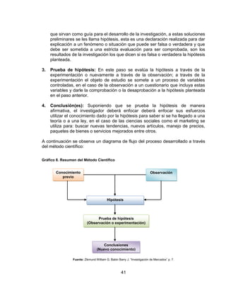 41
que sirvan como guía para el desarrollo de la investigación, a estas soluciones
preliminares se les llama hipótesis, esta es una declaración realizada para dar
explicación a un fenómeno o situación que puede ser falsa o verdadera y que
debe ser sometida a una estricta evaluación para ser comprobada, son los
resultados de la investigación los que dicen si es falsa o verdadera la hipótesis
planteada.
3. Prueba de hipótesis: En este paso se evalúa la hipótesis a través de la
experimentación o nuevamente a través de la observación; a través de la
experimentación el objeto de estudio se somete a un proceso de variables
controladas, en el caso de la observación a un cuestionario que incluya estas
variables y darle la comprobación o la desaprobación a la hipótesis planteada
en el paso anterior.
4. Conclusión(es): Suponiendo que se prueba la hipótesis de manera
afirmativa, el investigador deberá enfocar deberá enfocar sus esfuerzos
utilizar el conocimiento dado por la hipótesis para saber si se ha llegado a una
teoría o a una ley, en el caso de las ciencias sociales como el marketing se
utiliza para: buscar nuevas tendencias, nuevos artículos, manejo de precios,
paquetes de bienes o servicios mejorados entre otros.
A continuación se observa un diagrama de flujo del proceso desarrollado a través
del método científico:
Fuente: Zikmund William G. Babin Barry J. “Investigación de Mercados” p. 7.
Conocimiento
previo
Observación
Hipótesis
Prueba de hipótesis
(Observación o experimentación)
Conclusiones
(Nuevo conocimiento)
Gráfico 8. Resumen del Método Científico
 