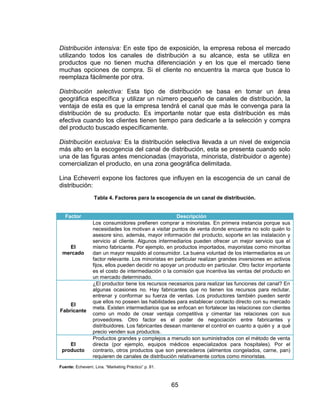 65
Distribución intensiva: En este tipo de exposición, la empresa rebosa el mercado
utilizando todos los canales de distribución a su alcance, esta se utiliza en
productos que no tienen mucha diferenciación y en los que el mercado tiene
muchas opciones de compra. Si el cliente no encuentra la marca que busca lo
reemplaza fácilmente por otra.
Distribución selectiva: Esta tipo de distribución se basa en tomar un área
geográfica específica y utilizar un número pequeño de canales de distribución, la
ventaja de esta es que la empresa tendrá el canal que más le convenga para la
distribución de su producto. Es importante notar que esta distribución es más
efectiva cuando los clientes tienen tiempo para dedicarle a la selección y compra
del producto buscado específicamente.
Distribución exclusiva: Es la distribución selectiva llevada a un nivel de exigencia
más alto en la escogencia del canal de distribución, esta se presenta cuando solo
una de las figuras antes mencionadas (mayorista, minorista, distribuidor o agente)
comercializan el producto, en una zona geográfica delimitada.
Lina Echeverri expone los factores que influyen en la escogencia de un canal de
distribución:
Tabla 4. Factores para la escogencia de un canal de distribución.
Factor Descripción
El
mercado
Los consumidores prefieren comprar a minoristas. En primera instancia porque sus
necesidades los motivan a visitar puntos de venta donde encuentra no solo quién lo
asesore sino, además, mayor información del producto, soporte en las instalación y
servicio al cliente. Algunos intermediarios pueden ofrecer un mejor servicio que el
mismo fabricante. Por ejemplo, en productos importados, mayoristas como minoritas
dan un mayor respaldo al consumidor. La buena voluntad de los intermediarios es un
factor relevante. Los minoristas en particular realizan grandes inversiones en activos
fijos, ellos pueden decidir no apoyar un producto en particular. Otro factor importante
es el costo de intermediación o la comisión que incentiva las ventas del producto en
un mercado determinado.
El
Fabricante
¿El productor tiene los recursos necesarios para realizar las funciones del canal? En
algunas ocasiones no. Hay fabricantes que no tienen los recursos para reclutar,
entrenar y conformar su fuerza de ventas. Los productores también pueden sentir
que ellos no poseen las habilidades para establecer contacto directo con su mercado
meta. Existen intermediarios que se enfocan en fortalecer las relaciones con clientes
como un modo de crear ventaja competitiva y cimentar las relaciones con sus
proveedores. Otro factor es el poder de negociación entre fabricantes y
distribuidores. Los fabricantes desean mantener el control en cuanto a quién y a qué
precio venden sus productos.
El
producto
Productos grandes y complejos a menudo son suministrados con el método de venta
directa (por ejemplo, equipos médicos especializados para hospitales). Por el
contrario, otros productos que son perecederos (alimentos congelados, carne, pan)
requieren de canales de distribución relativamente cortos como minoristas.
Fuente: Echeverri, Lina. “Marketing Práctico” p. 81.
 