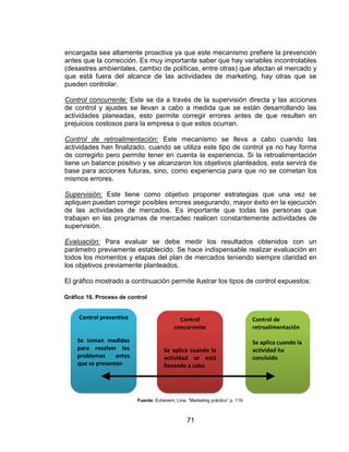 71
encargada sea altamente proactiva ya que este mecanismo prefiere la prevención
antes que la corrección. Es muy importante saber que hay variables incontrolables
(desastres ambientales, cambio de políticas, entre otras) que afectan el mercado y
que está fuera del alcance de las actividades de marketing, hay otras que se
pueden controlar.
Control concurrente: Este se da a través de la supervisión directa y las acciones
de control y ajustes se llevan a cabo a medida que se están desarrollando las
actividades planeadas, esto permite corregir errores antes de que resulten en
prejuicios costosos para la empresa o que estos ocurran.
Control de retroalimentación: Este mecanismo se lleva a cabo cuando las
actividades han finalizado, cuando se utiliza este tipo de control ya no hay forma
de corregirlo pero permite tener en cuenta la experiencia. Si la retroalimentación
tiene un balance positivo y se alcanzaron los objetivos planteados, esta servirá de
base para acciones futuras, sino, como experiencia para que no se cometan los
mismos errores.
Supervisión: Este tiene como objetivo proponer estrategias que una vez se
apliquen puedan corregir posibles errores asegurando, mayor éxito en la ejecución
de las actividades de mercados. Es importante que todas las personas que
trabajan en las programas de mercadeo realicen constantemente actividades de
supervisión.
Evaluación: Para evaluar se debe medir los resultados obtenidos con un
parámetro previamente establecido. Se hace indispensable realizar evaluación en
todos los momentos y etapas del plan de mercados teniendo siempre claridad en
los objetivos previamente planteados.
El gráfico mostrado a continuación permite ilustrar los tipos de control expuestos:
Fuente: Echeverri, Lina. “Marketing práctico” p. 119.
Control preventivo
Se toman medidas
para resolver los
problemas antes
que se presenten
Control
concurrente
Se aplica cuando la
actividad se está
llevando a cabo
Control de
retroalimentación
Se aplica cuando la
actividad ha
concluido
Gráfico 16. Proceso de control
 