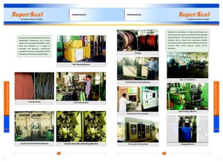 I
N
F
R
A
S
T
R
U
C
T
U
R
E
4
Assembly is under-taken in a high precision plant and
final products are tested to at least twice the specified
working pressure. The manufacturing process from the
compoun- ding of rubber to the machining of endfitt-
ings, brazing, tube bending and final testing is carried out
in-house under strictly enforced quality control
standards.
Proof Pressure Testing Machine
Curing
Rheometer & Ozone Chamber
Swaging MachineFlex Impulse Testing Stand
Infrastructure
Inkjet Printing Machine
Wrap / Un-wrap Machine
I
N
F
R
A
S
T
R
U
C
T
U
R
E
3
Backed by a team of dedicated technocrats,
sophisticated infrastructure and in-house
research and development facilities, Super
Seals has embarked on a voyage of
innovation and discovery.....continuously
upgrading it's products to keep pace with the
international standards and specifications.
Double Deck Wire Braiding Machine
Finished Goods Cold Feed Extruder
Wire Winding Machine
Infrastructure
Double Deck Wire Branding Machine
 