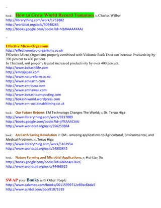 ~
book: How to Grow World Record Tomatoes; by Charles Wilber
http://librarything.com/work/1752882
http://worldcat.org/oclc/40948283
http://books.google.com/books?id=hQdIAAAAYAAJ
~
Effective Micro-Organisms
http://effectivemicro-organisms.co.uk
Effective Micro-Organisms properly combined with Volcanic Rock Dust can increase Productivity by
200 percent to 400 percent.
In Thailand, soil properly treated increased productivity by over 400 percent.
http://www.bokashilife.com
http://emrojapan.com
http://www.naturefarm.co.nz
http://www.emearth.com
http://www.emrousa.com
http://www.emhawaii.com
http://www.bokashicomposting.com
http://bokashiworld.wordpress.com
http://www.em-sustainableliving.co.uk
book: Our Future Reborn: EM Technology Changes The World; by Dr. Teruo Higa
http://www.librarything.com/work/9217089
http://books.google.com/books?id=jjffSAAACAAJ
http://www.worldcat.org/oclc/556259884
book: An Earth Saving Revolution II: EM - amazing applications to Agricultural, Environmental, and
Medical Problems; by Teruo Higa
http://www.librarything.com/work/5162954
http://www.worldcat.org/oclc/54830842
book: Nature Farming and Microbial Applications; by Hui-Lian Xu
http://books.google.com/books?id=GNbe4eClXicC
http://www.worldcat.org/oclc/44468922
SWAP your Books with Other People
http://www.calameo.com/books/00115999712e89ac6bda5
http://www.scribd.com/doc/81071919
 