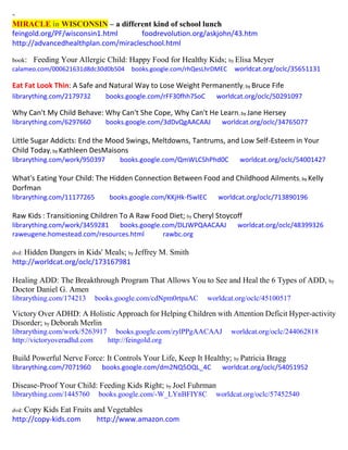 ~
MIRACLE in WISCONSIN – a different kind of school lunch
feingold.org/PF/wisconsin1.html foodrevolution.org/askjohn/43.htm
http://advancedhealthplan.com/miracleschool.html
book: Feeding Your Allergic Child: Happy Food for Healthy Kids; by Elisa Meyer
calameo.com/000621631d8dc30d0b504 books.google.com/rhQesLhrDMEC worldcat.org/oclc/35651131
Eat Fat Look Thin: A Safe and Natural Way to Lose Weight Permanently; by Bruce Fife
librarything.com/2179732 books.google.com/rFF30fhh7SoC worldcat.org/oclc/50291097
Why Can't My Child Behave: Why Can't She Cope, Why Can't He Learn; by Jane Hersey
librarything.com/6297660 books.google.com/3dDvQgAACAAJ worldcat.org/oclc/34765077
Little Sugar Addicts: End the Mood Swings, Meltdowns, Tantrums, and Low Self-Esteem in Your
Child Today; by Kathleen DesMaisons
librarything.com/work/950397 books.google.com/QmWLCShPhd0C worldcat.org/oclc/54001427
What's Eating Your Child: The Hidden Connection Between Food and Childhood Ailments; by Kelly
Dorfman
librarything.com/11177265 books.google.com/KKjHk-fSwlEC worldcat.org/oclc/713890196
Raw Kids : Transitioning Children To A Raw Food Diet; by Cheryl Stoycoff
librarything.com/work/3459281 books.google.com/DLJWPQAACAAJ worldcat.org/oclc/48399326
raweugene.homestead.com/resources.html rawbc.org
dvd: Hidden Dangers in Kids' Meals; by Jeffrey M. Smith
http://worldcat.org/oclc/173167981
Healing ADD: The Breakthrough Program That Allows You to See and Heal the 6 Types of ADD, by
Doctor Daniel G. Amen
librarything.com/174213 books.google.com/cdNpm0rtpaAC worldcat.org/oclc/45100517
Victory Over ADHD: A Holistic Approach for Helping Children with Attention Deficit Hyper-activity
Disorder; by Deborah Merlin
librarything.com/work/5263917 books.google.com/zylPPgAACAAJ worldcat.org/oclc/244062818
http://victoryoveradhd.com http://feingold.org
Build Powerful Nerve Force: It Controls Your Life, Keep It Healthy; by Patricia Bragg
librarything.com/7071960 books.google.com/dm2NQ5OQL_4C worldcat.org/oclc/54051952
Disease-Proof Your Child: Feeding Kids Right; by Joel Fuhrman
librarything.com/1445760 books.google.com/-W_LYnBFIY8C worldcat.org/oclc/57452540
dvd: Copy Kids Eat Fruits and Vegetables
http://copy-kids.com http://www.amazon.com
 