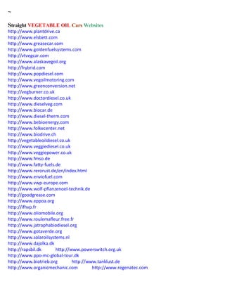 ~
Straight VEGETABLE OIL Cars Websites
http://www.plantdrive.ca
http://www.elsbett.com
http://www.greasecar.com
http://www.goldenfuelsystems.com
http://vtvegcar.com
http://www.alaskavegoil.org
http://frybrid.com
http://www.popdiesel.com
http://www.vegoilmotoring.com
http://www.greenconversion.net
http://vegburner.co.uk
http://www.doctordiesel.co.uk
http://www.dieselveg.com
http://www.biocar.de
http://www.diesel-therm.com
http://www.bebioenergy.com
http://www.folkecenter.net
http://www.biodrive.ch
http://vegetableoildiesel.co.uk
http://www.veggiediesel.co.uk
http://www.veggiepower.co.uk
http://www.fmso.de
http://www.fatty-fuels.de
http://www.rerorust.de/en/index.html
http://www.enviofuel.com
http://www.vwp-europe.com
http://www.wolf-pflanzenoel-technik.de
http://goodgrease.com
http://www.eppoa.org
http://ifhvp.fr
http://www.oliomobile.org
http://www.roulemafleur.free.fr
http://www.jatrophabiodiesel.org
http://www.gotaverde.org
http://www.solaroilsystems.nl
http://www.dajolka.dk
http://rapsbil.dk http://www.powerswitch.org.uk
http://www.ppo-mc-global-tour.dk
http://www.biotrieb.org http://www.tanklust.de
http://www.organicmechanic.com http://www.regenatec.com
 