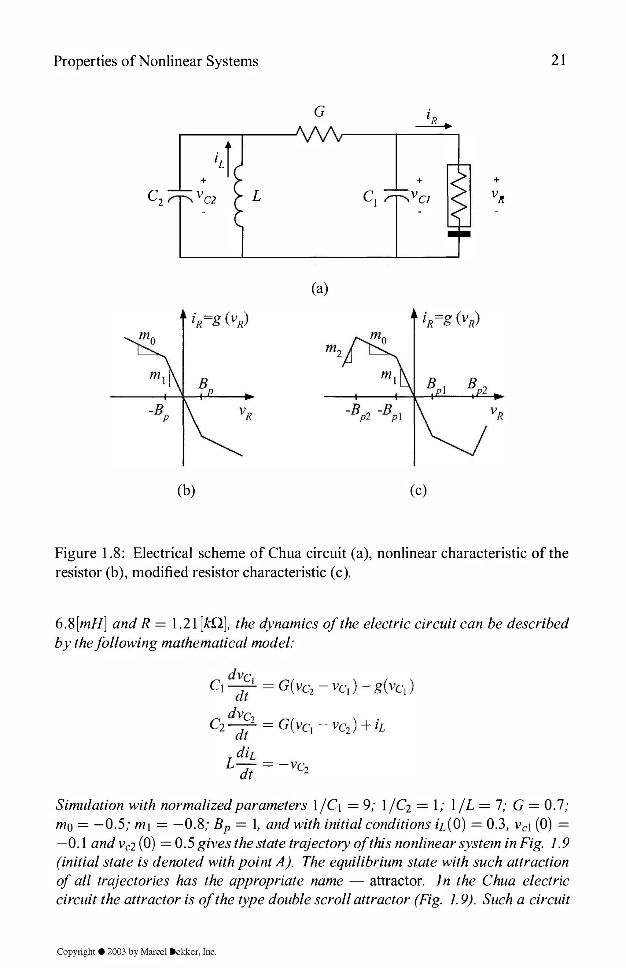 Properties ofNonlinear Systems 2 1
G iR
----"---+-
+
iLi + +
c2
VC2 L c1
VCJ
VR
(a)
(b) (c)
Figure 1 .8: Electrical scheme of Chua circuit (a), nonlinear characteristic ofthe
resistor (b), modified resistor characteristic (c).
6.8[mH] andR = 1 .2 1 [H2], the dynamics ofthe electric circuitcan be described
bythefollowingmathematicalmodel:
Simulation with normalizedparameters l/C1 = 9; l/C2 = 1; l /L = 7; G = 0.7;
mo = -0.5; m1 = -0.8; Bp = 1, andwith initialconditionsh(O) = 0.3, VcJ (0) =
-0. 1 andVc2 (0) =0.5givesthestatetrajectoryofthisnonlinearsysteminFig. 1.9
(initialstate is denotedwithpointA). The equilibrium state with such attraction
ofall trajectories has the appropriate name - attractor. In the Chua electric
circuittheattractoris ofthetypedoublescrollattractor (Fig. I. 9). Such a circuit
Copyright © 2003 by Marcel Dekker, Inc.
 
