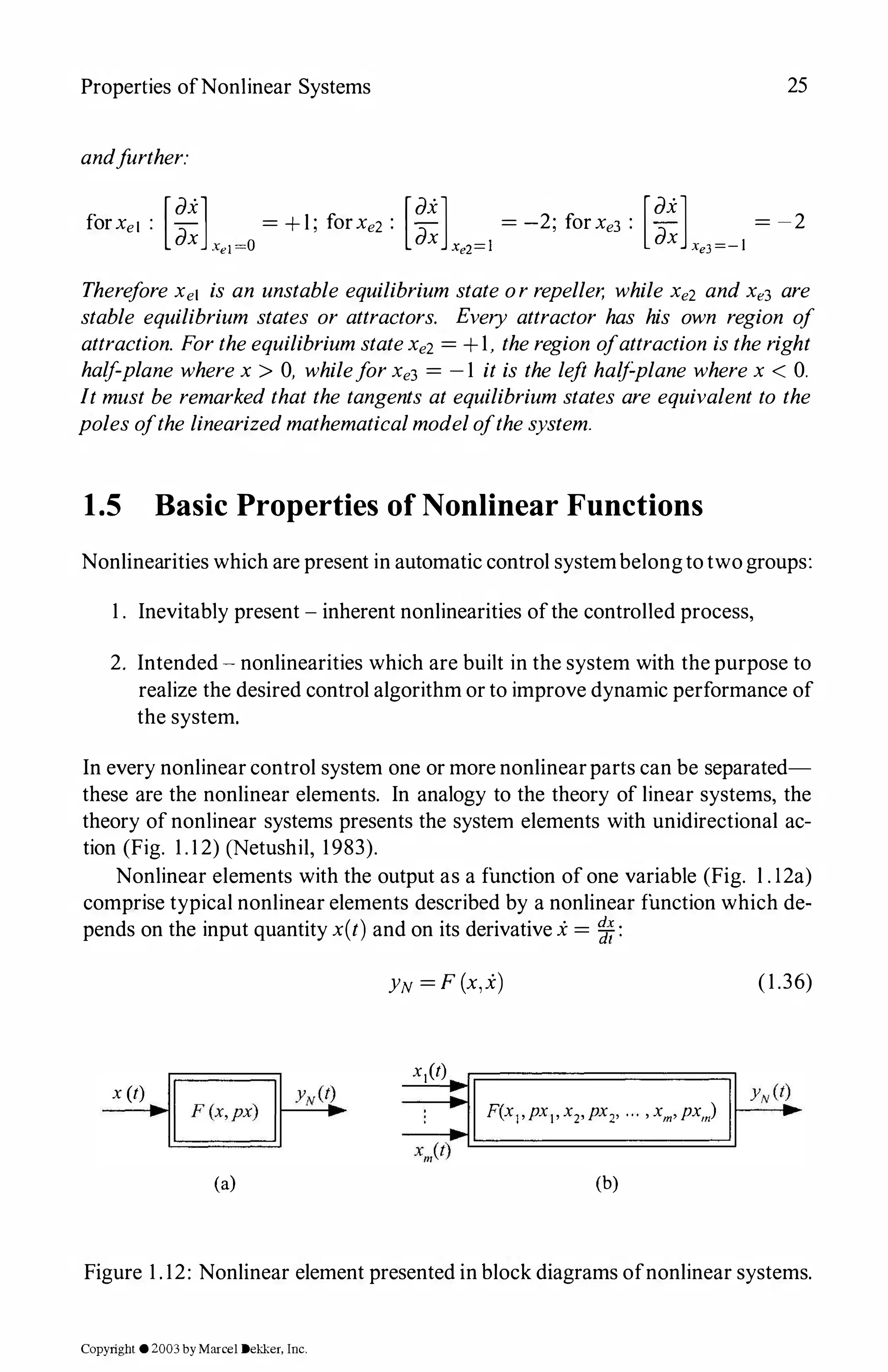Properties ofNonlinear Systems 25
andfurther:
[di] [di]
forXet : dx _
= + l ; forXe2 : dx _ = -2; forXe3 :
Xe1 -0 Xe2- l
[di] = -2
dx xe3 =- l
Therefore Xet is an unstable equilibrium state orrepeller, while Xe2 andXe3 are
stable equilibrium states or attractors. Every attractor has his own region of
attraction. FortheequilibriumstateXe2 = +1, theregion ofattraction istheright
half-plane wherex > 0, whileforXe3 = - 1 it is the left halfplane wherex < 0.
Itmust be remarked that the tangents at equilibrium states are equivalent to the
polesofthe linearizedmathematicalmodelofthesystem.
1.5 Basic Properties of Nonlinear Functions
Nonlinearities which are present in automatic control systembelongtotwogroups:
1 . Inevitably present - inherent nonlinearities ofthe controlled process,
2. Intended - nonlinearities which are built in the system with the purpose to
realize the desired control algorithm or to improve dynamic performance of
the system.
In every nonlinear control system one or more nonlinearparts can be separated­
these are the nonlinear elements. In analogy to the theory of linear systems, the
theory of nonlinear systems presents the system elements with unidirectional ac­
tion (Fig. 1 . 1 2) (Netushil, 1983).
Nonlinear elements with the output as a function of one variable (Fig. l . 12a)
comprise typical nonlinear elements described by a nonlinear function which de­
pends on the input quantity x(t) and on its derivative i= qg:
x (t) r=-:::1
----�
(a)
YN =F(x,i)
xi(t)
�
- I F(xi'pxi' x2, px2, ... , xm, px,,) I
�
(b)
(1.36)
yN (t2
.
Figure 1 . 12: Nonlinear element presented in block diagrams ofnonlinear systems.
Copyright ©2003byMarcel Dekker, Inc.
 